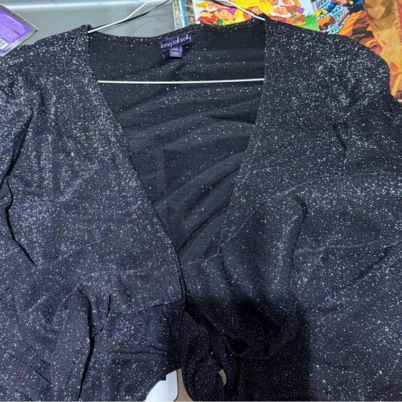 ✨ Elegant Vintage Long Tall Sally Black Glitter Tie-Front Shrug – Size L - Picture 13 of 16
